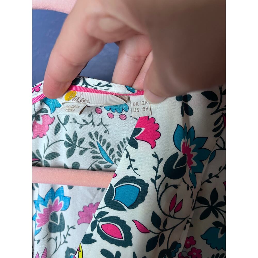 Boden Holly Hank Floral Surplice Midi Dress White Pink Blue Flutter Sleeve US 8R - Picture 8 of 8